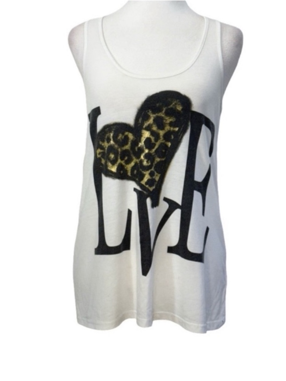 White Tank Top with Leopard Heart LOVE Graphic Detail
